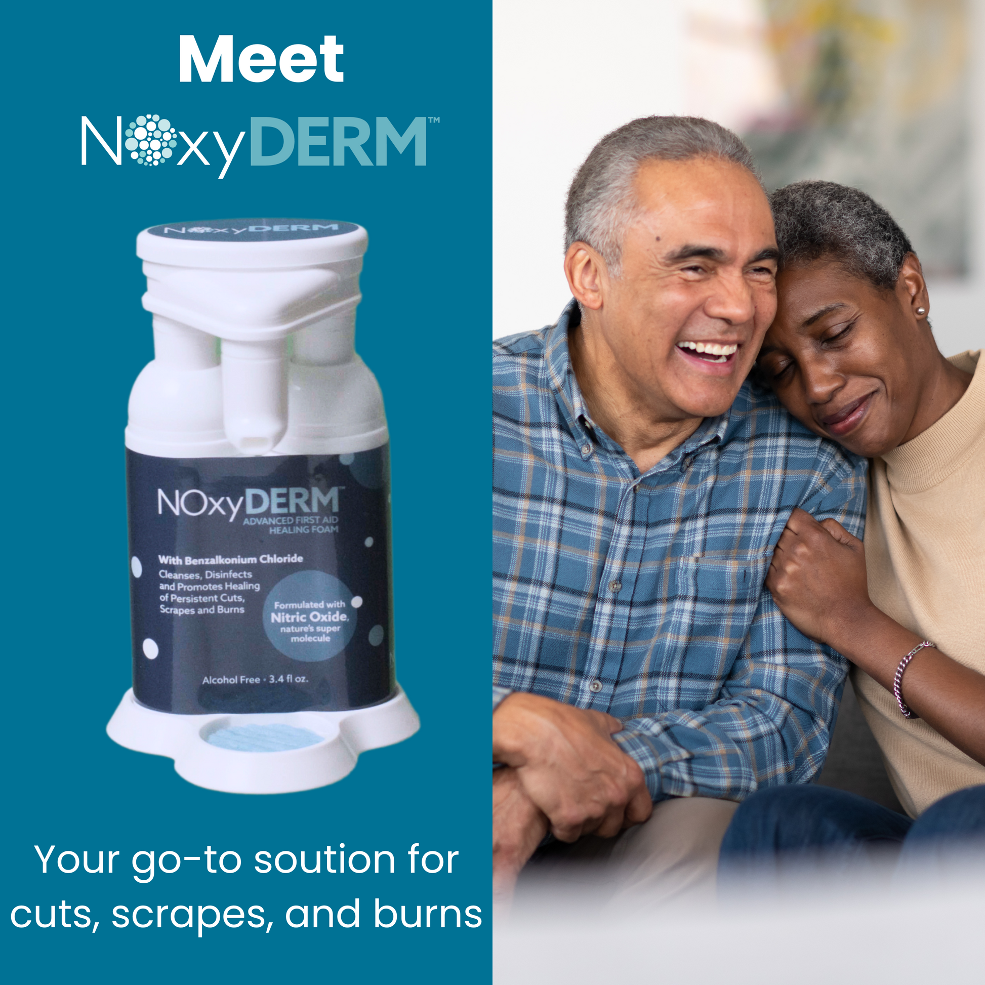 NOxyDERM™ antiseptic foam for cuts and burns with happy couple showcasing care and healing support.