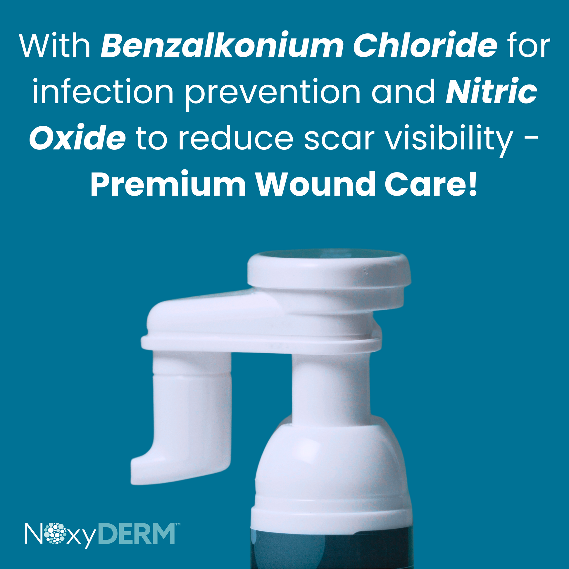 NOxyDERM™ premium wound care pump highlighting Benzalkonium Chloride and Nitric Oxide for infection prevention and scar reduction.