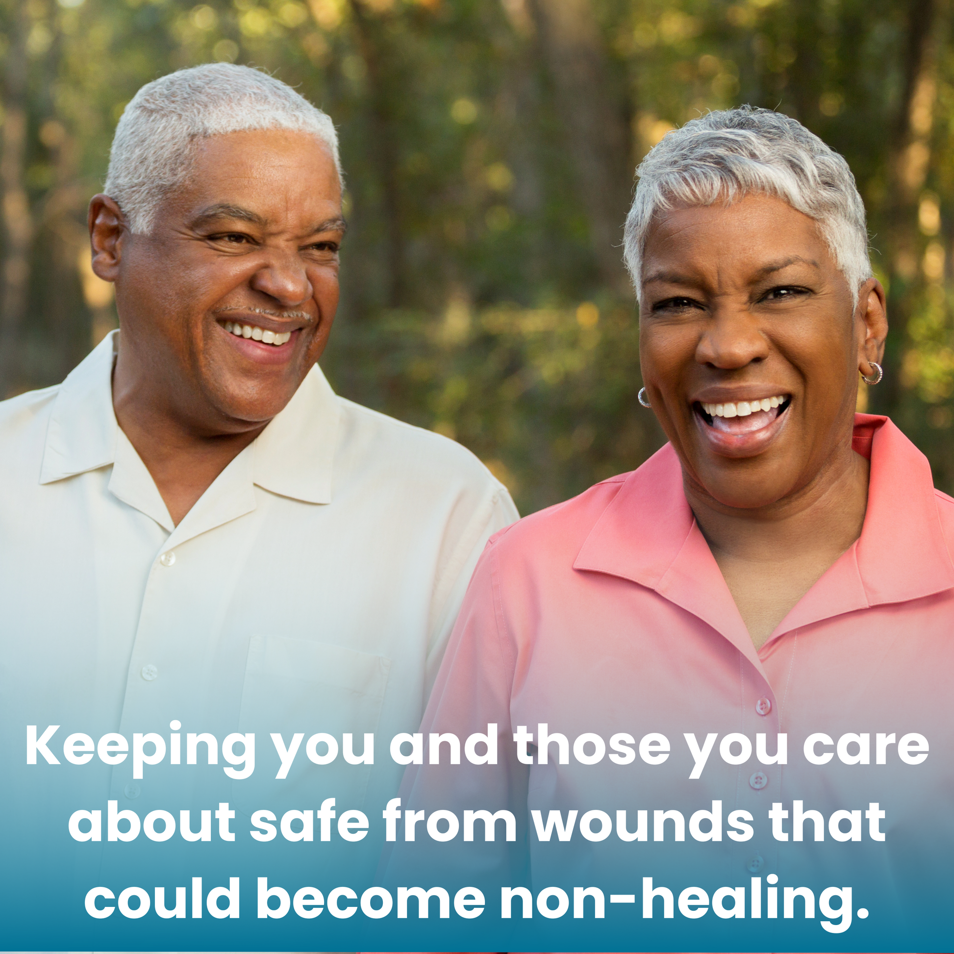 Happy couple promoting safe recovery from wounds, emphasizing prevention of non-healing injuries.