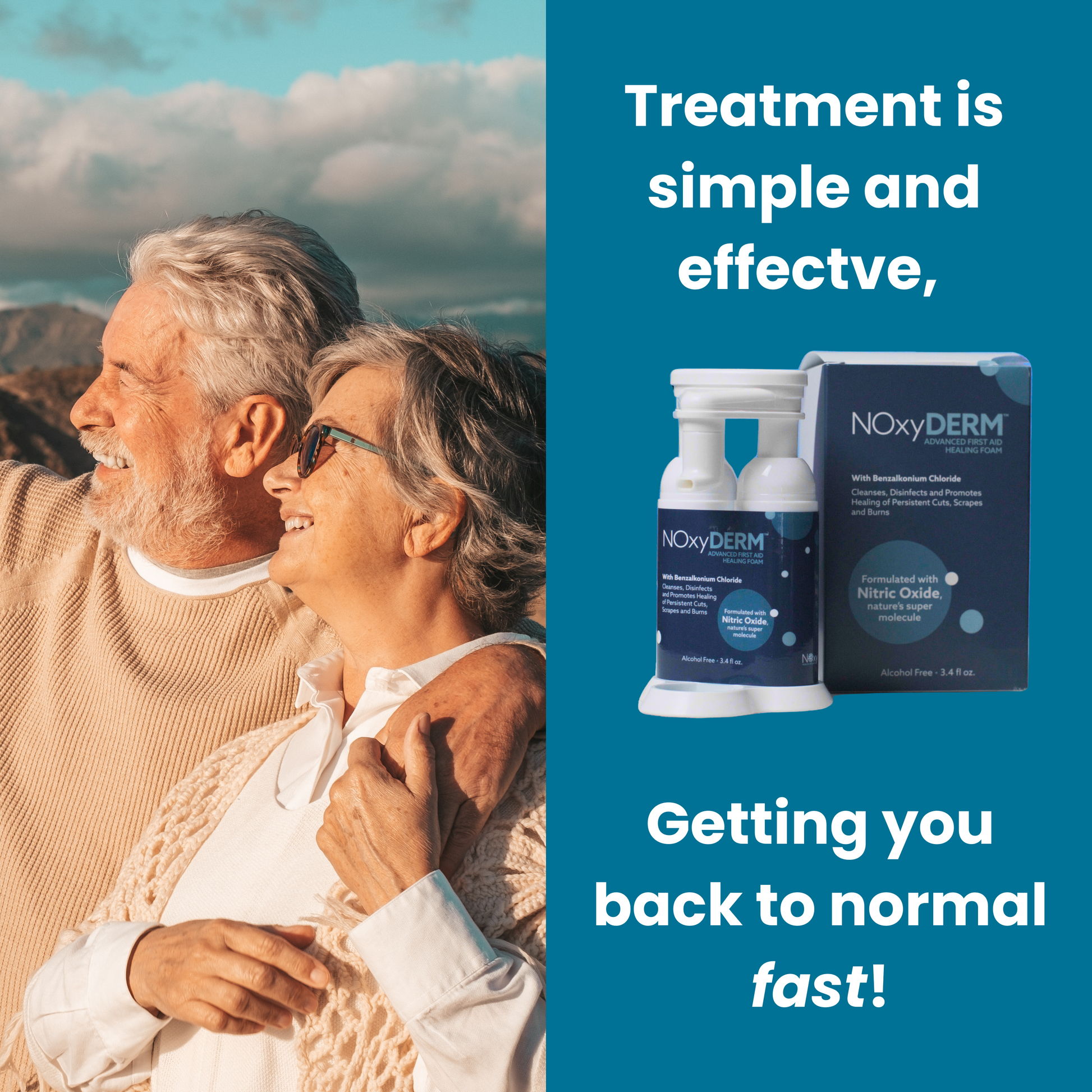 Senior couple smiling together with NOxyDERM™ product promoting simple and effective wound care treatment.