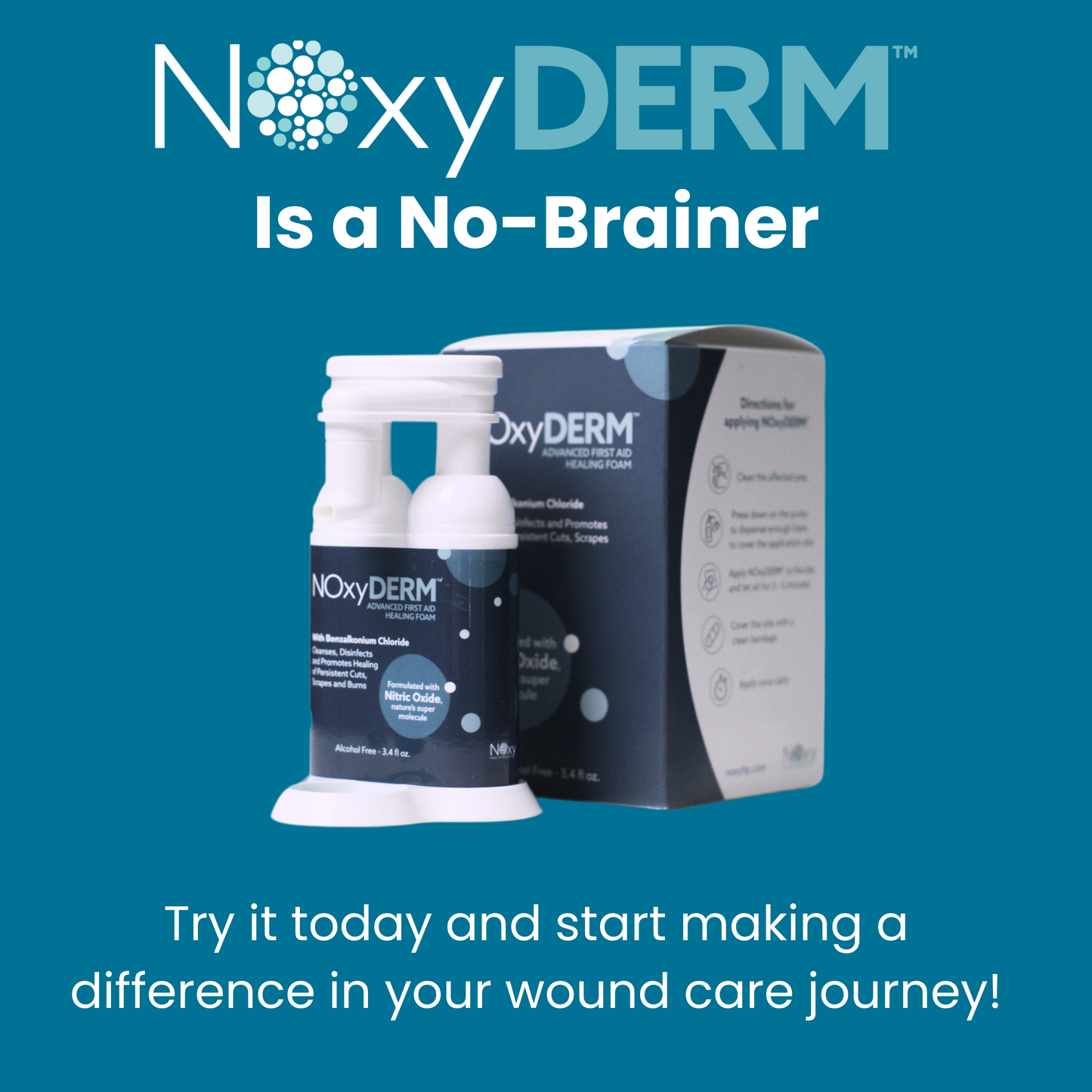 NOxyDERM™ 1oz wound care treatment packaging with product instructions for advanced antiseptic foam.